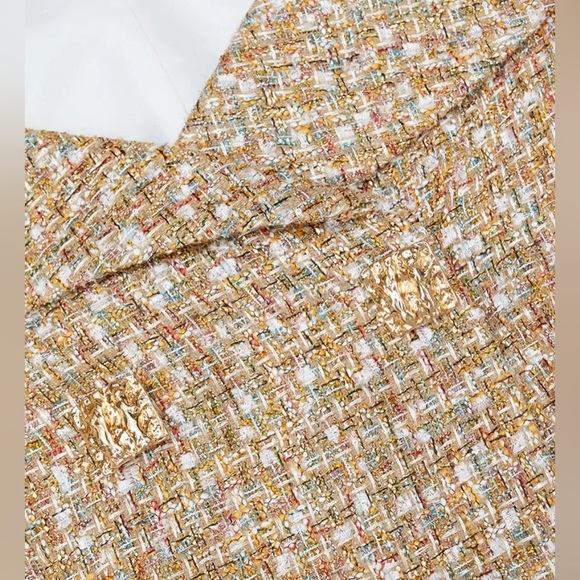 Self-Portrait Gold Tinsel Boucle Off Shoulder Tweed Mini Dress NWT - Picture 5 of 10